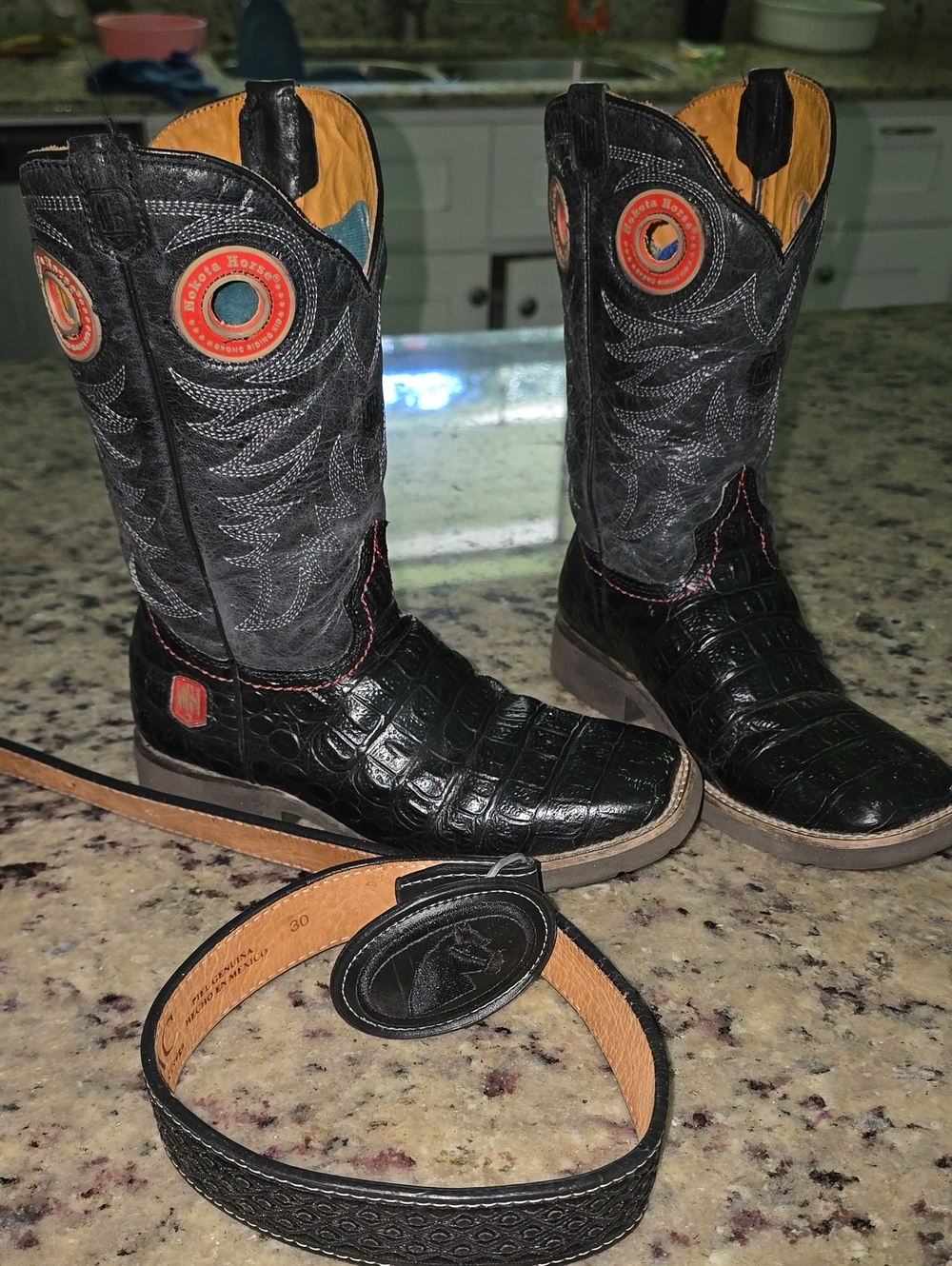 Black Croc-Pattern Leather Western Boots with Matching Black Belt
